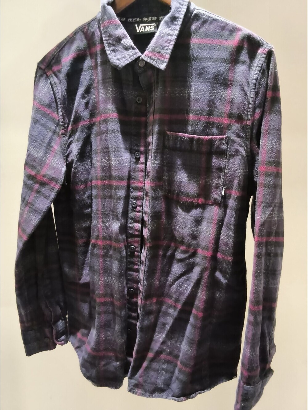 Vans Men's Medium Plaid Flannel Shirt 100% Cotton Long Sleeve Navy Burgundy